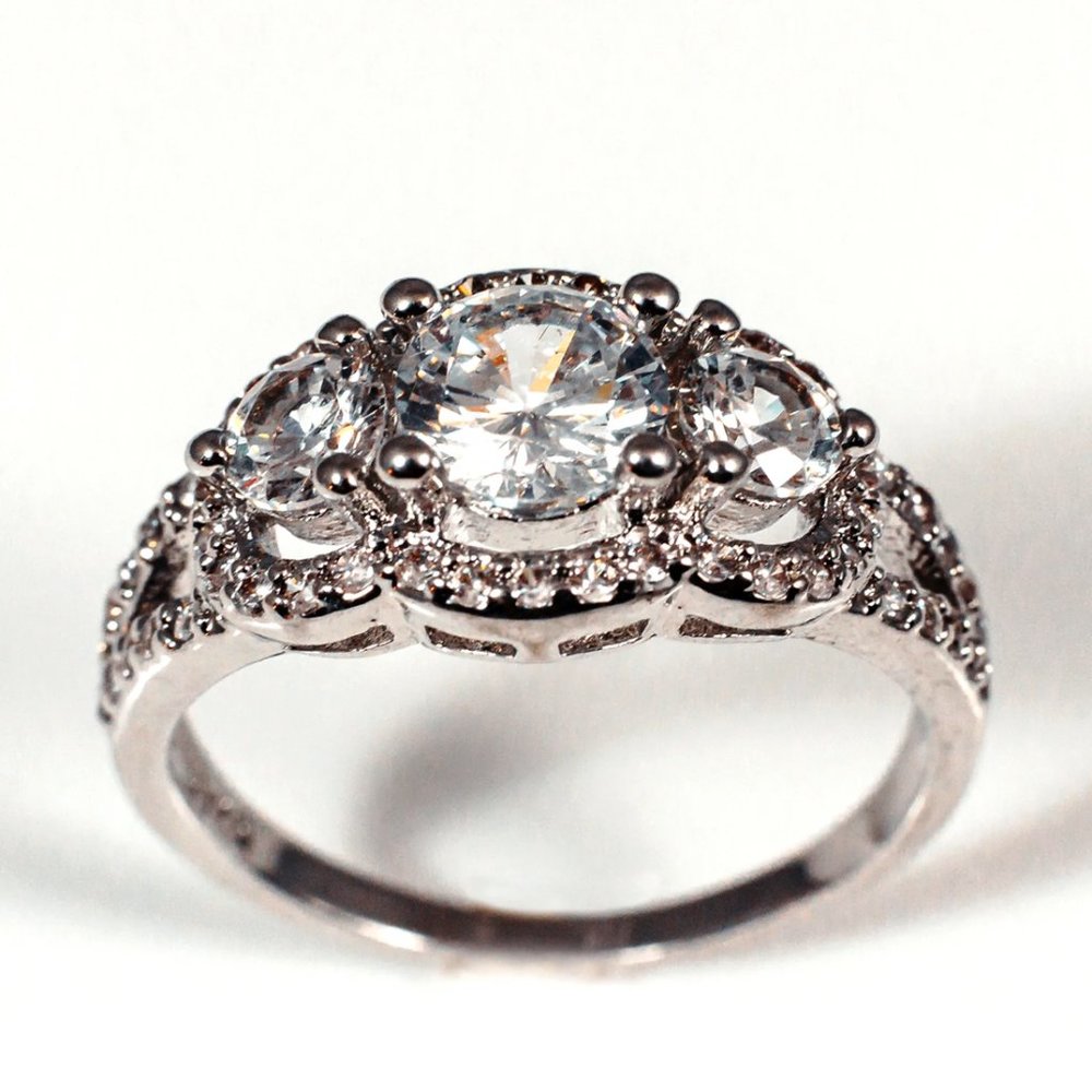 Three Stone Diamond Stimulant Sterling Silver Wedding Engagement Promise Ring 8